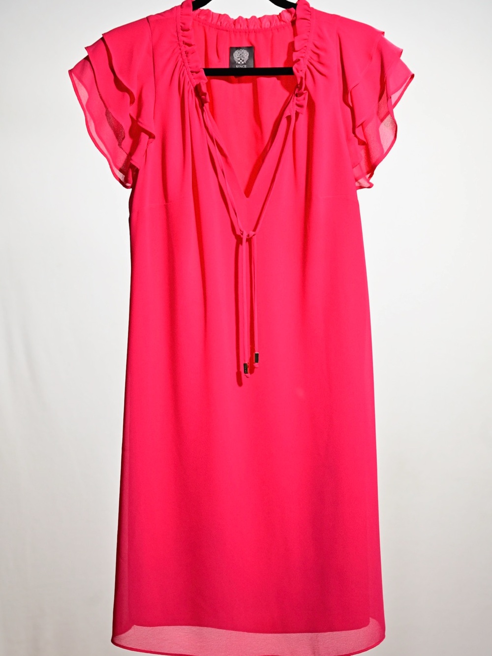 Vince Camuto Hot Pink Ruffle-Sleeve Tie-Neck Mini Dress